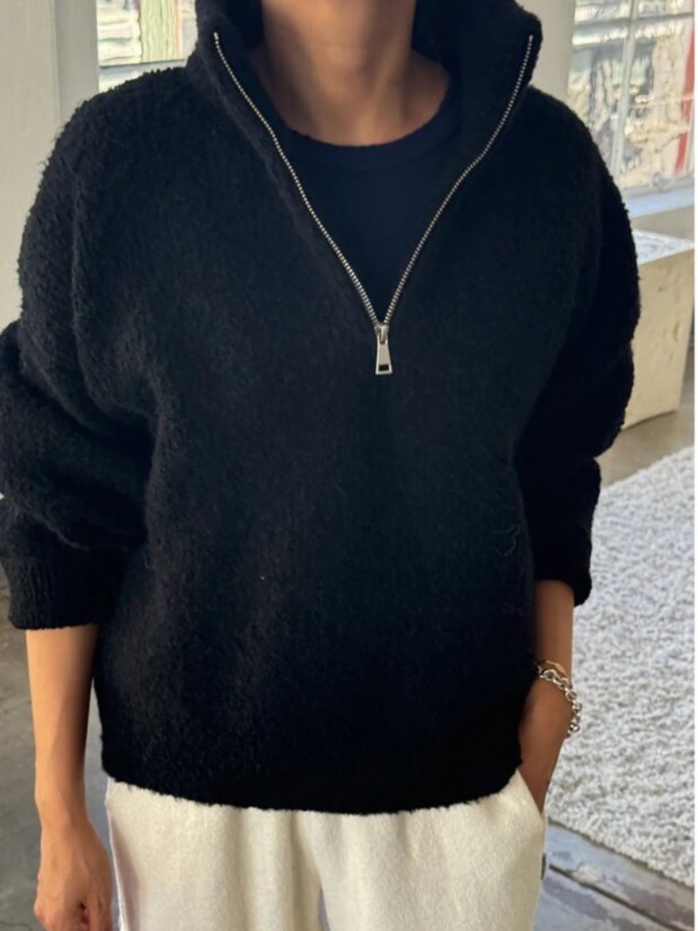 Le Bon Shoppe Andre Sweater Black Super Thick Heavy 1/4 Zip Partial Size M/L